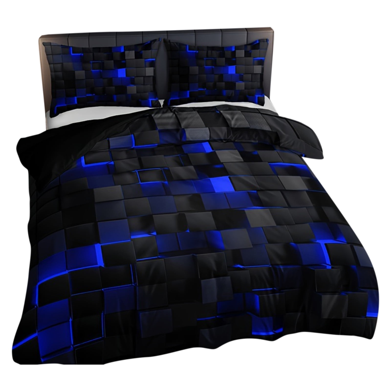 Duvet Cover Set, Black Bedding Set, 59X79 In, King Pillow Shams Set of 2, Bedroom Bedding, 3D Block Pattern, Blue Accent, Full Coverage 3 Set