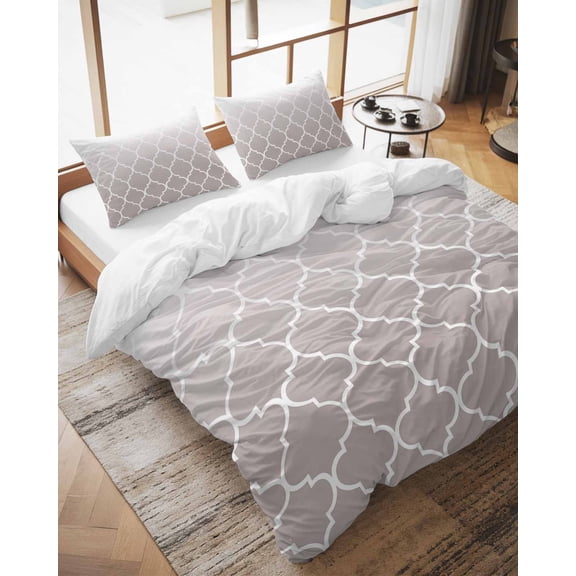 Duvet Cover Set California King Size Beige White Ombre Gradual Color Comforter Sets 3 Pieces, Morocco Pattern Bedding Set with Zipper Closure and 2 Pillow Cases, Soft Bed Covers Bedroom Decor