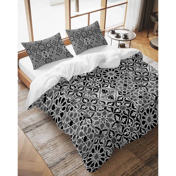 Duvet Cover Set California King Size Black Floral Block Comforter Sets 3 Pieces, Geometric Morocco Art Bedding Set with Zipper Closure and 2 Pillow Cases, Soft Lightweight Bed Covers Bedroom Decor