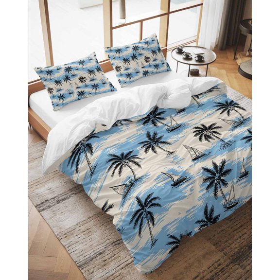 Duvet Cover Set California King Size Coconut Palm Trees Comforter Sets 3 Pieces, Sailing Surfing Vacation Bedding Set with Zipper Closure and 2 Pillow Cases, Soft Lightweight Bed Covers Bedroom Decor