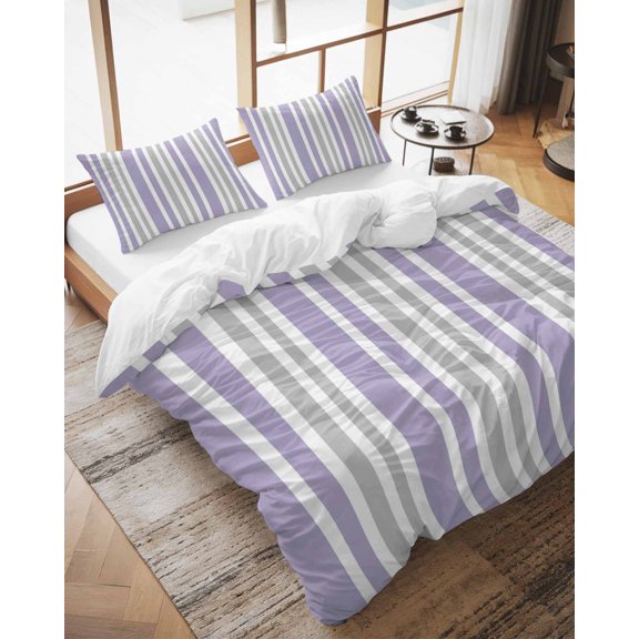 Duvet Cover Set California King Size Lavender Purple Stripes Comforter Sets 3 Pieces, Grey Vertical Striped Lines Bedding Set with Zipper Closure and 2 Pillow Cases, Soft Bed Covers Bedroom Decor