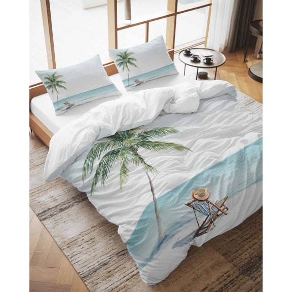 Duvet Cover Set California King Size Palm Trees Comforter Sets 3 Pieces, Summer Beach Seaside Holidays Bedding Set with Zipper Closure and 2 Pillow Cases, Soft Lightweight Bed Covers Bedroom Decor