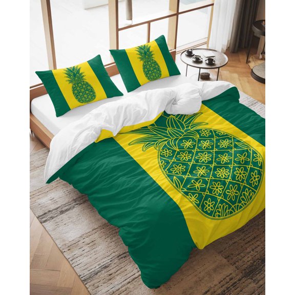 Duvet Cover Set California King Size Pineapple Comforter Sets 3 Pieces, Yellow Green Stripes Lines Bedding Set with Zipper Closure and 2 Pillow Cases, Soft Lightweight Bed Covers Bedroom Decor