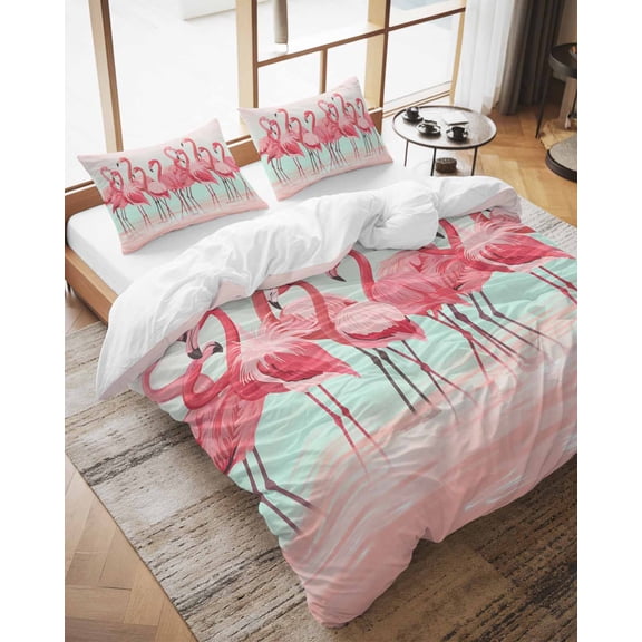 Duvet Cover Set California King Size Pink Flamingo Comforter Sets 3 Pieces, Tropical Animal Ombre Teal Bedding Set with Zipper Closure and 2 Pillow Cases, Soft Lightweight Bed Covers Bedroom Decor