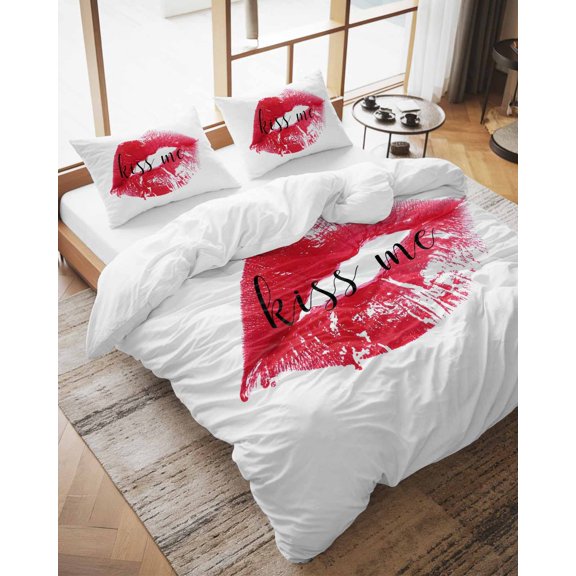 Duvet Cover Set California King Size Red Lipprint Comforter Sets 3 Pieces, Kiss Lip Bedding Set with Zipper Closure and 2 Pillow Cases, Soft Lightweight Bed Covers Bedroom Decor