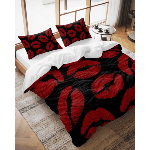 Duvet Cover Set California King Size Red Lipprint Comforter Sets 3 Pieces, Lip Print Black Bedding Set with Zipper Closure and 2 Pillow Cases, Soft Lightweight Bed Covers Bedroom Decor