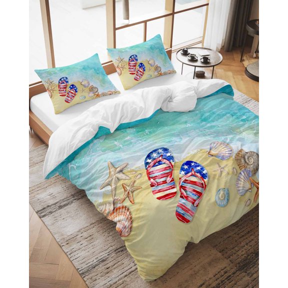 Duvet Cover Set California King Size Summer Flip Flops Comforter Sets 3 Pieces, Beach Starfish Shells Bedding Set with Zipper Closure and 2 Pillow Cases, Soft Lightweight Bed Covers Bedroom Decor