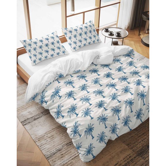 Duvet Cover Set California King Size Tropical Palm Trees Comforter Sets 3 Pieces, Vintage Blue Bedding Set with Zipper Closure and 2 Pillow Cases, Soft Lightweight Bed Covers Bedroom Decor