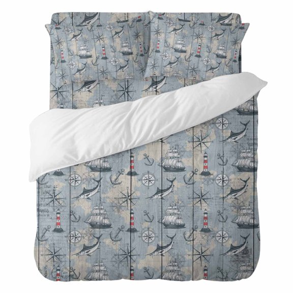 Duvet Cover Set California king 4 Pieces, Sailing Anchor Compass Fish Comforter Cover Soft Bedding Sets, Retro Wood Plank Nautical Theme Bed Set Include 1 Duvet Cover, 2 Pillow Shams, 1 Bed Sheet
