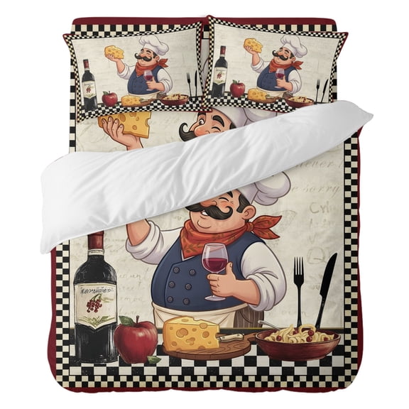 Duvet Cover Set California king Size 4 Pieces, Chef with Cheese Comforter Cover Soft Bedding Sets, Wine Bottle Black Plaid Frame Bed Set Include 1 Duvet Cover, 2 Pillow Shams, 1 Bed Sheet