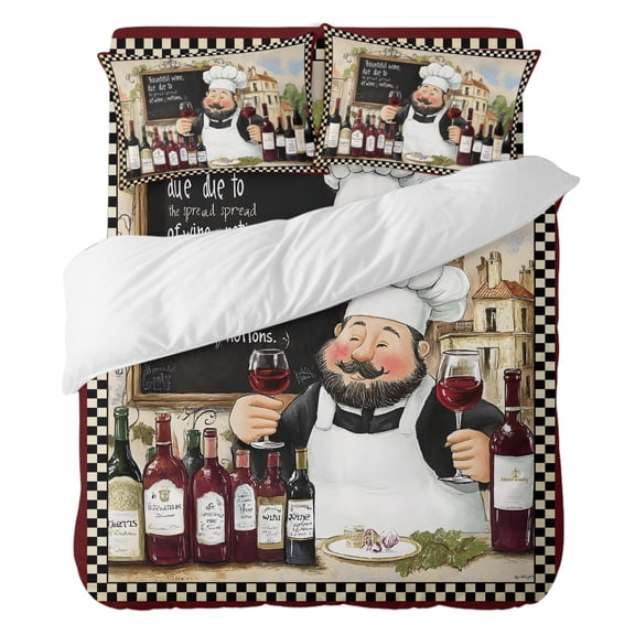 Duvet Cover Set California king Size 4 Pieces, Farmhouse Chef Red Wine Comforter Cover Soft Bedding Sets, Rustic Cooking Theme Buffalo Check Bed Set Include 1 Duvet Cover, 2 Pillow Shams, 1 Bed Sheet
