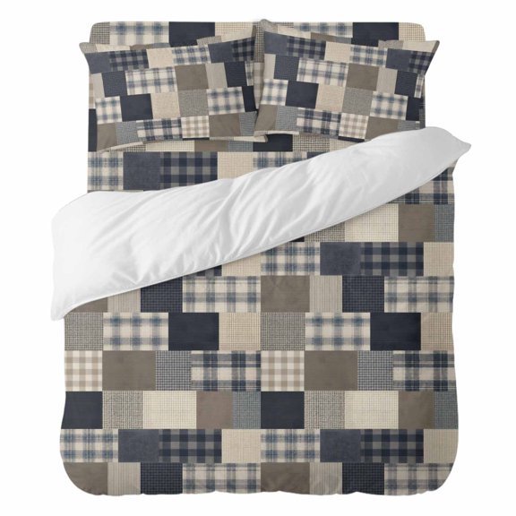 Duvet Cover Set California king Size 4 Pieces, Farmhouse Plaid Patchwork Comforter Cover Soft Bedding Sets, Rustic Buffalo Checkered Bed Set Include 1 Duvet Cover, 2 Pillow Shams, 1 Bed Sheet