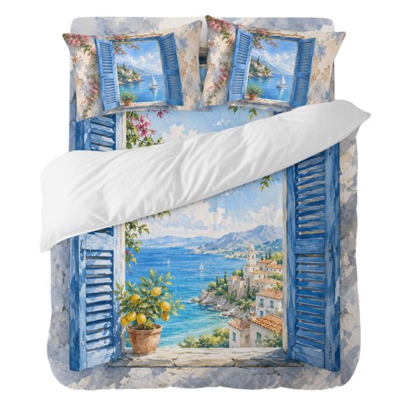 Duvet Cover Set California king Size 4 Pieces, Summer Ocean Coastal Floral Comforter Cover Soft Bedding Sets, Vintage Seaside Town Bed Set Include 1 Duvet Cover, 2 Pillow Shams, 1 Bed Sheet