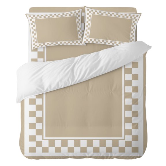 Duvet Cover Set California king Size 4 Pieces, Taupe Checker Frame Comforter Cover Soft Bedding Sets, Vintage Geometric Pattern Bed Set Include 1 Duvet Cover, 2 Pillow Shams, 1 Bed Sheet