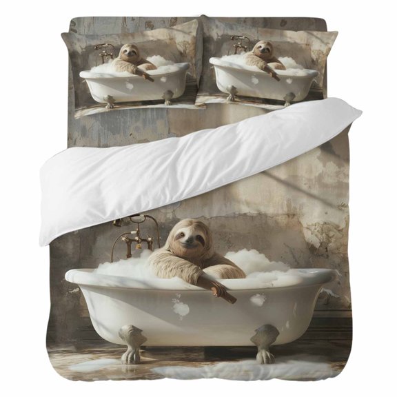 Duvet Cover Set California king Size, Abstract Bathing Sloth Comforter Cover 4 Pieces Bedding Sets, Vintage Oil Painting Pattern Bed Set Include 1 Duvet Cover, 2 Pillow Shams, 1 Bed Sheet