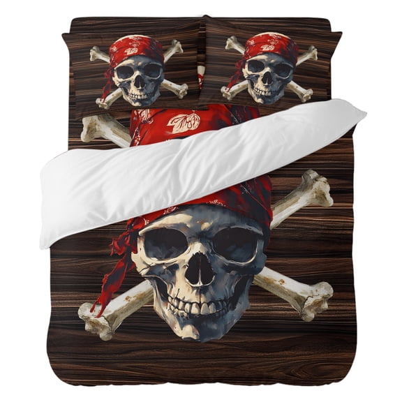 Duvet Cover Set California king Size, Abstract Punk Pirate Skull Comforter Cover 4 Pieces Bedding Sets, Crossbones on Brown Wood Board Bed Set Include 1 Duvet Cover, 2 Pillow Shams, 1 Bed Sheet