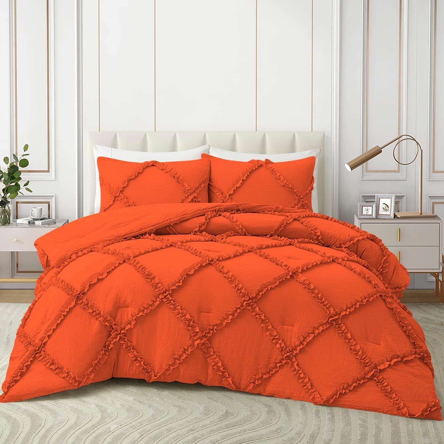 Duvet Cover Set Diamond Ruffle with Zipper Closure 3 Piece Full/Queen Size (90" x 90") Inches 100% Cotton 800 TC Premium Hotel Class Decorative Bedding with Corner Ties - Burnt Orange Solid