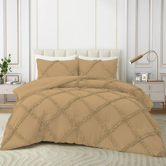 Duvet Cover Set Diamond Ruffle with Zipper Closure 3 Piece Full/Queen Size (90" x 90") Inches 100% Cotton 800 TC Premium Hotel Class Decorative Bedding with Corner Ties - Taupe Solid