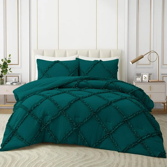 Duvet Cover Set Diamond Ruffle with Zipper Closure 3 Piece Super King (116" x 98") Inches 100% Cotton 800 TC Premium Hotel Class Decorative Bedding with Corner Ties - Teal Solid