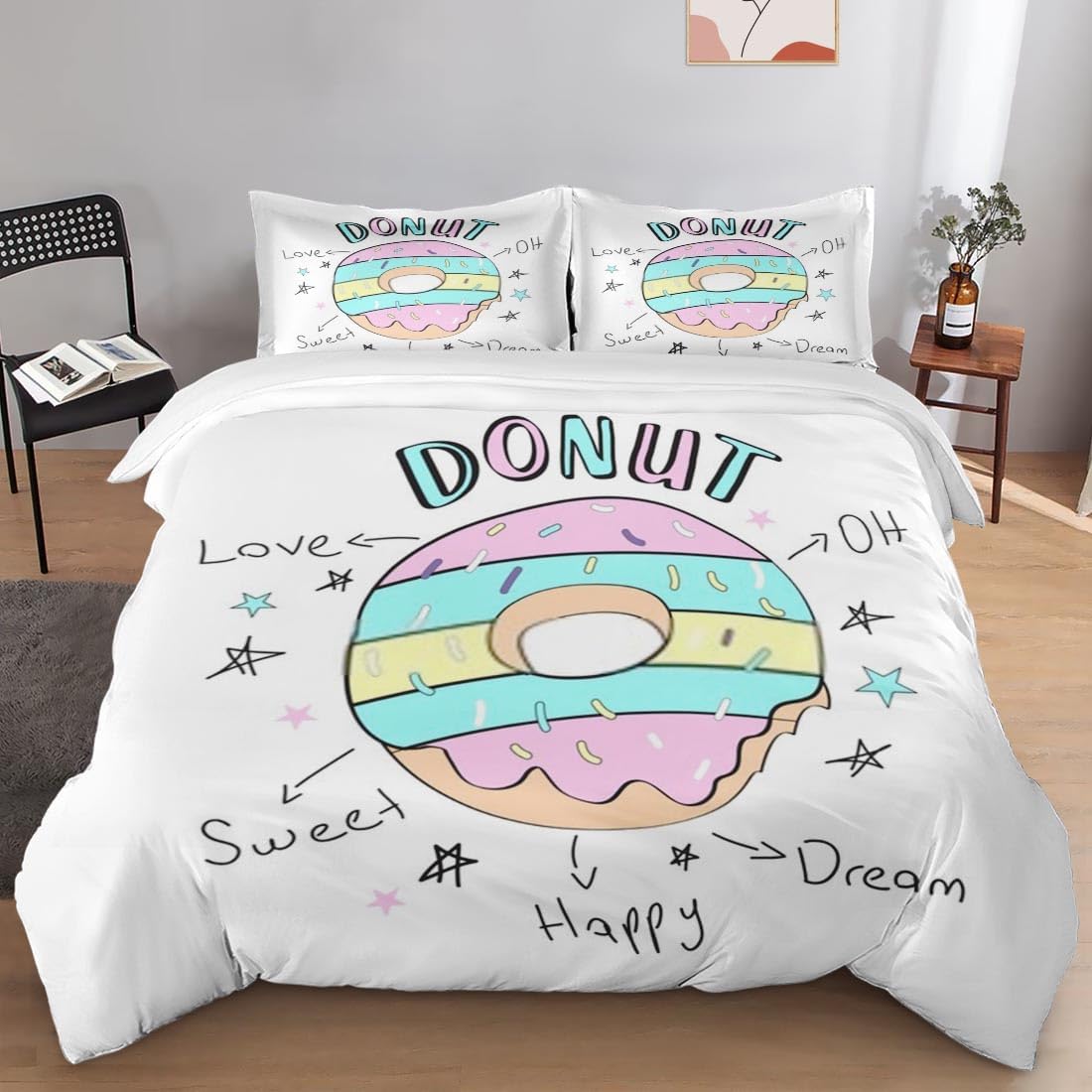 Duvet Cover Set, Donut Cute Rainbow Unicorn Bedding Set for Kids and