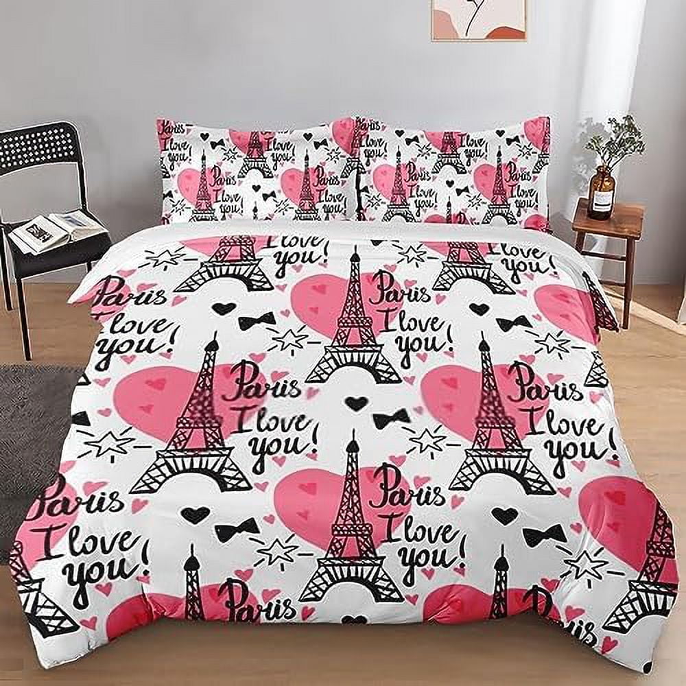 Duvet Cover Set Eiffel Tower Flower Paris Bedding Set for Kids and Adults Bedroom Decor Love