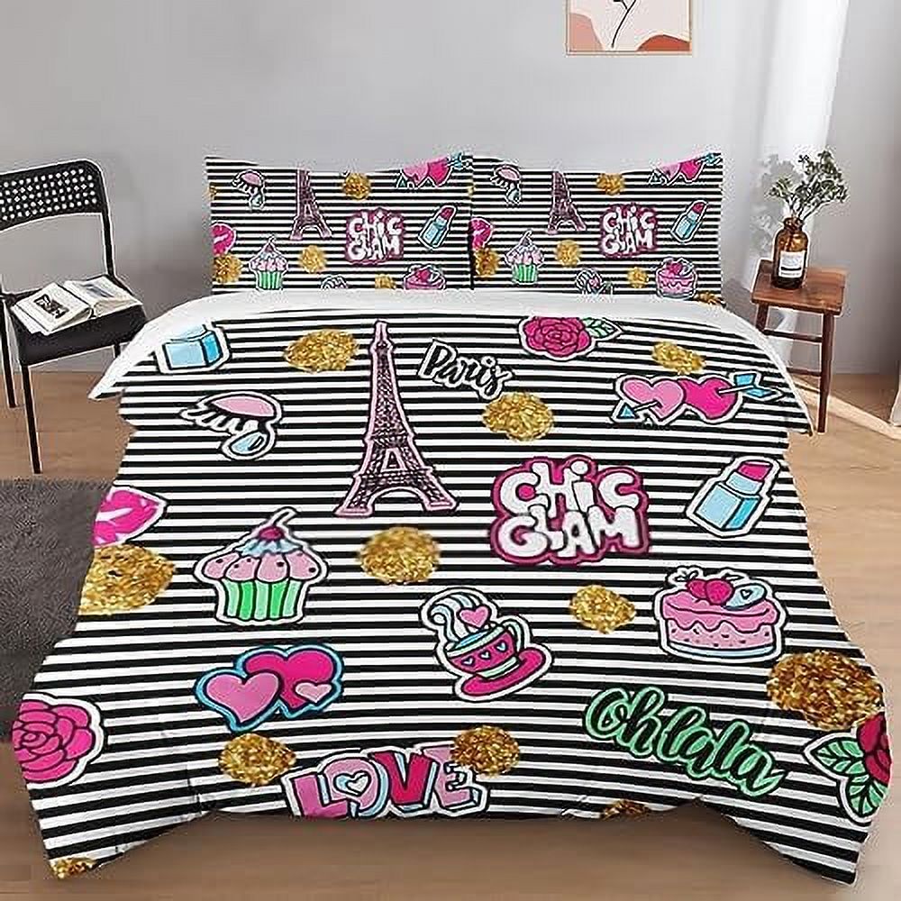 Duvet Cover Set Eiffel Tower Flower Paris Bedding Set for Kids and Adults Bedroom Decor Love