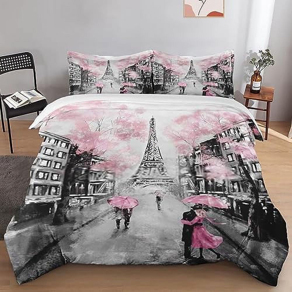 Duvet Cover Set Eiffel Tower Flower Paris Bedding Set for Kids and Adults Bedroom Decor Love