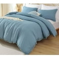 thumbnail image 1 of Duvet Cover Set For Bedroom Pompom Boho Bedding Set Breathable Dusty Blue Quilt Cover 8Corner tie For Closure Zipper Bohemian Bedding Set, 1 of 4