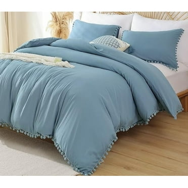 Duvet Cover Set For Bedroom Pompom Boho Bedding Set Breathable Dusty Blue Quilt Cover 8Corner tie For Closure Zipper Bohemian Bedding Set