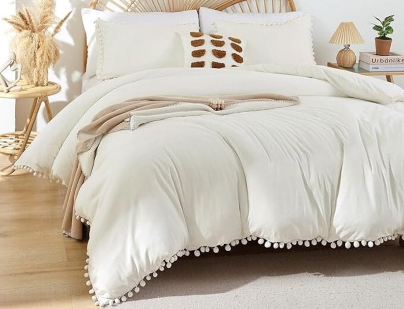 Duvet Cover Set For Bedroom Pompom Boho Bedding Set Breathable Ivory Quilt Cover 8Corner tie For Closure Zipper Bohemian Bedding Set