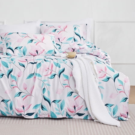 JUSTLET Duvet Cover Set Full Size, 3 Piece Comforter Cover with Pattern, Soft Bedding Set with 1 Duvet Cover and 2 Pillow Shams, Pink Flowers