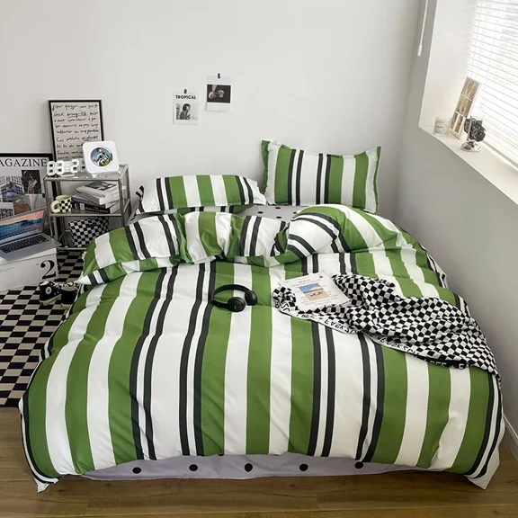 Duvet Cover Set Green Red Plaid Printed Bedding Reversible Comforter Cover Set with Zipper for New Year Holiday Gifts