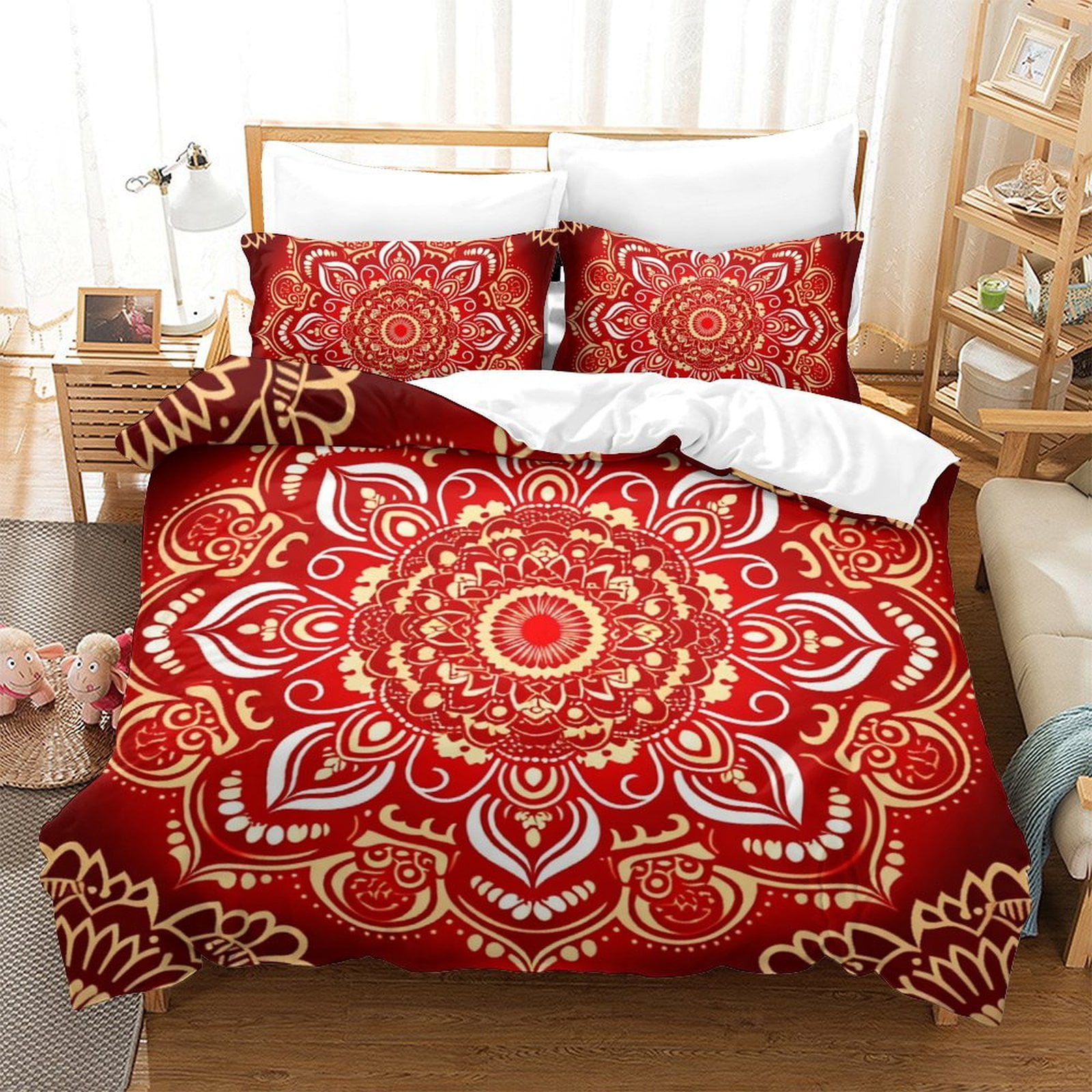 Duvet Cover Set Mandala Quilt Cover Pillowcase Girl Woman Red
