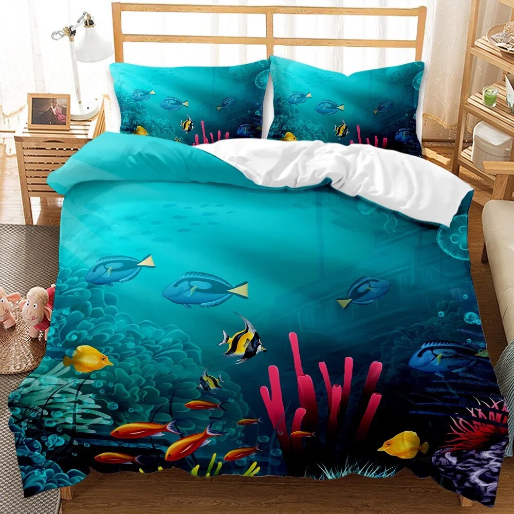 Duvet Cover Set Ocean Marine Bedding Set Bedclothes Underwater Animal Pattern King Size