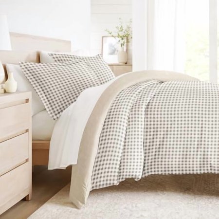 Duvet Cover Set Patterned Microfiber Ultra Soft Bedding in Gingham Check - Full/Queen Gingham Check Natural
