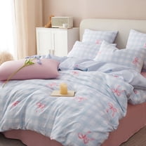 Duvet Cover Set Pink Bowknot and Blue Gingham Patterned Bedding Set Breathable Microfiber Comforter Cover Twin Size