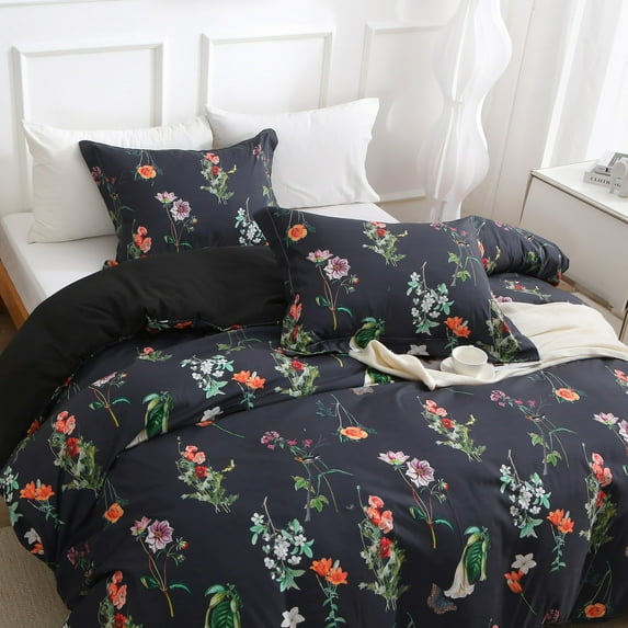 Duvet Cover Set Queen Comforter Cover Set,3-Piece Floral Duvet Cover Set Bedding Sets Queen Black Comforter Cover Set Soft Microfiber Bedding Set with 2 Pillow Cases