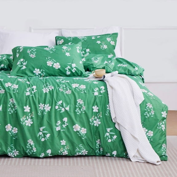 JUSTLET Duvet Cover Set Queen Size, 3 Piece Comforter Cover with Pattern, Soft Bedding Set with 1 Duvet Cover and 2 Pillow Shams, Green White Flowers