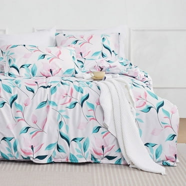 JUSTLET Duvet Cover Set Queen Size, 3 Piece Comforter Cover with Pattern, Soft Bedding Set with 1 Duvet Cover and 2 Pillow Shams, Pink Flowers