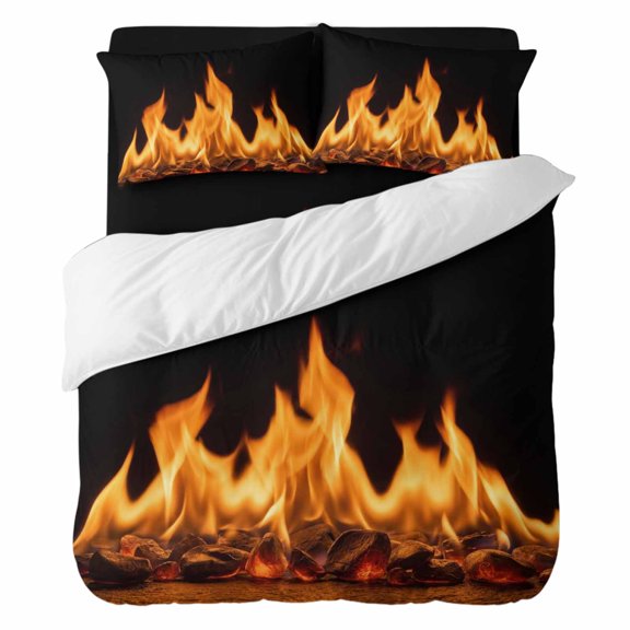 Duvet Cover Set Queen Size 4 Pieces, Abstract Orange Flame on Black Comforter Cover Soft Bedding Sets, Flickering Fire Pattern Bed Set Include 1 Duvet Cover, 2 Pillow Shams, 1 Bed Sheet