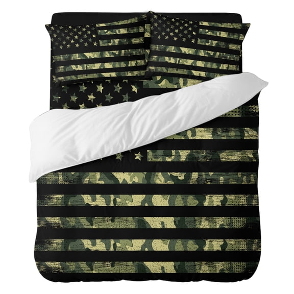 Duvet Cover Set Queen Size 4 Pieces, American Retro Stars and Stripes Flag Comforter Cover Soft Bedding Sets, Forests Army Bed Set Include 1 Duvet Cover, 2 Pillow Shams, 1 Bed Sheet for All Season