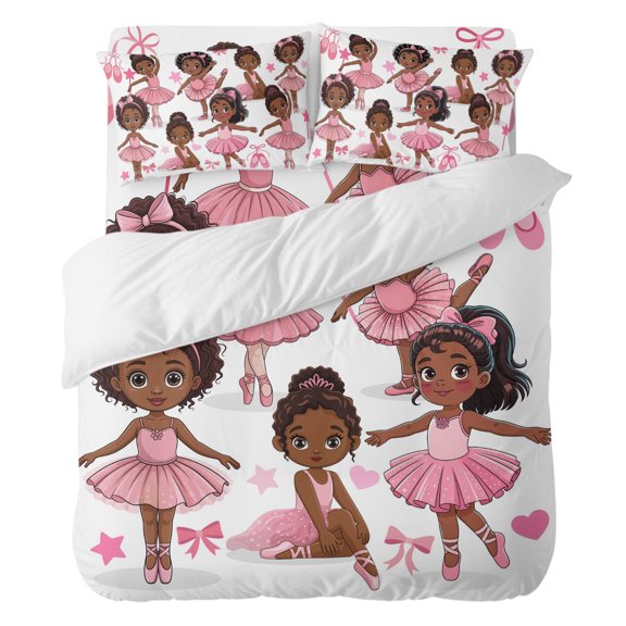 Duvet Cover Set Queen Size 4 Pieces, Cartoon Children Ballet Dance Comforter Cover Soft Bedding Sets, Pink Butterflies Ballet Shoes Bed Set Include 1 Duvet Cover, 2 Pillow Shams, 1 Bed Sheet