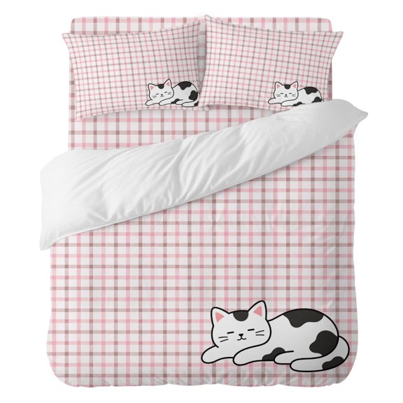 Duvet Cover Set Queen Size 4 Pieces, Cartoon White Black Cute Kitty Comforter Cover Soft Bedding Sets, Pink White Plaid Bed Set Include 1 Duvet Cover, 2 Pillow Shams, 1 Bed Sheet for All Season