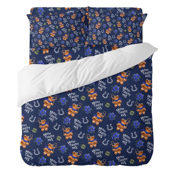 Duvet Cover Set Queen Size 4 Pieces, Christmas Western Cookie Man Cowboy Comforter Cover Soft Bedding Sets, Flower Horseshoe on Blue Bed Set Include 1 Duvet Cover, 2 Pillow Shams, 1 Bed Sheet