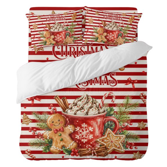 Duvet Cover Set Queen Size 4 Pieces, Cocoa Cup Gingerbread Cookie Comforter Cover Soft Bedding Sets, Christmas Red Striped Bed Set Include 1 Duvet Cover, 2 Pillow Shams, 1 Bed Sheet for All Season