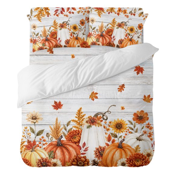 Duvet Cover Set Queen Size 4 Pieces, Fall Fallen Leaves Wood Plank Comforter Cover Soft Bedding Sets, Thanksgiving Pumpkin Flower Bed Set Include 1 Duvet Cover, 2 Pillow Shams, 1 Bed Sheet