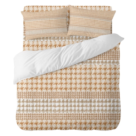 Duvet Cover Set Queen Size 4 Pieces, Farm Lattice Houndstooth Pattern Comforter Cover Soft Bedding Sets, Rustic Beige Khaki Plaid Bed Set Include 1 Duvet Cover, 2 Pillow Shams, 1 Bed Sheet
