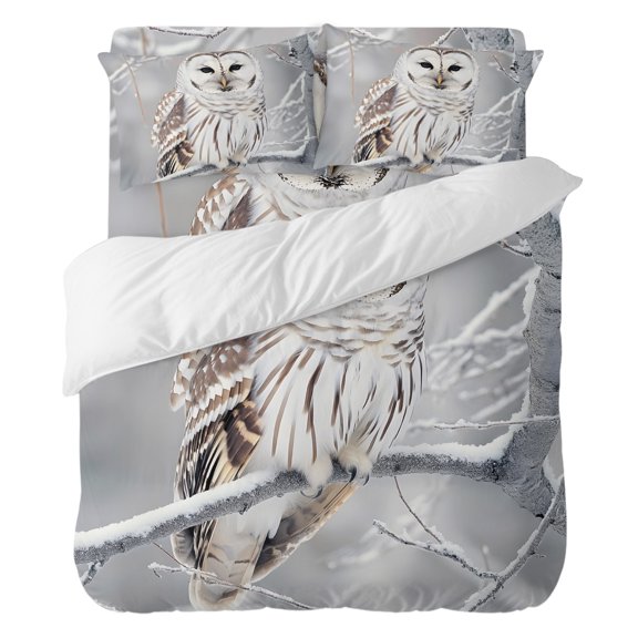 Duvet Cover Set Queen Size 4 Pieces, Farmhouse Owl on Tree Branch Comforter Cover Soft Bedding Sets, Winter Bird Natural Scenery Bed Set Include 1 Duvet Cover, 2 Pillow Shams, 1 Bed Sheet