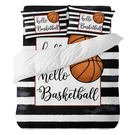 Duvet Cover Set Queen Size 4 Pieces, Hello Basketball Words Comforter Cover Soft Bedding Sets, Black White Striped Bed Set Include 1 Duvet Cover, 2 Pillow Shams, 1 Bed Sheet for All Season