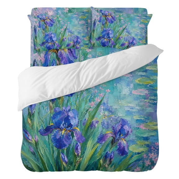 Duvet Cover Set Queen Size 4 Pieces, Impressionist Purple Irises Floral Comforter Cover Soft Bedding Sets, Oil Painting Garden Art Bed Set Include 1 Duvet Cover, 2 Pillow Shams, 1 Bed Sheet
